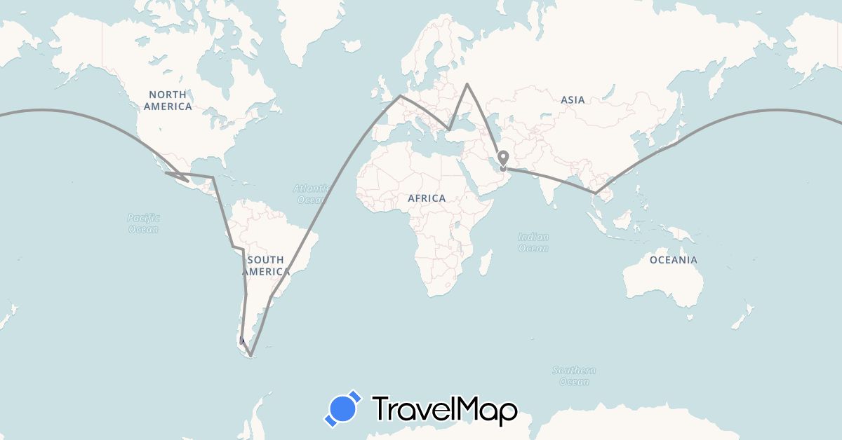 TravelMap itinerary: driving, plane in United Arab Emirates, Argentina, Chile, Japan, Mexico, Netherlands, Peru, Russia, Thailand, Turkey (Asia, Europe, North America, South America)